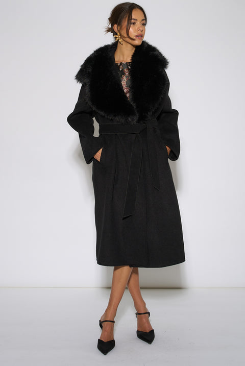 Black Faux Fur Trim Collar Longline Coat by Gini London