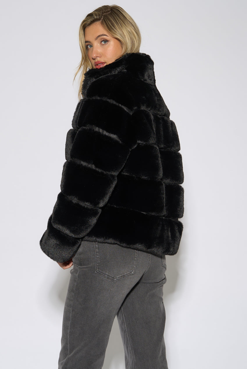 Black Panelled Funnel Neck Faux Fur Jacket GL2313