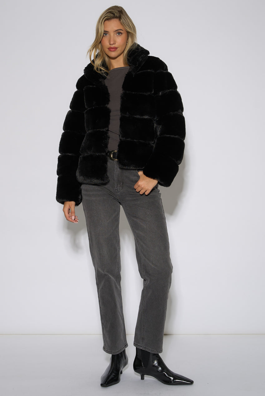 Black Panelled Funnel Neck Faux Fur Jacket GL2313