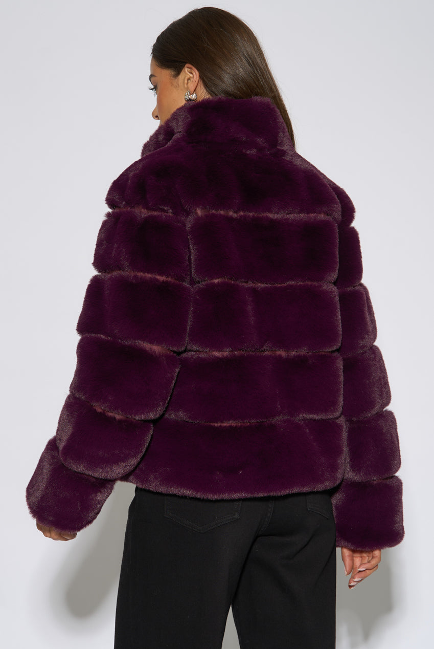 Plum Panelled Funnel Neck Faux Fur Jacket GL2313