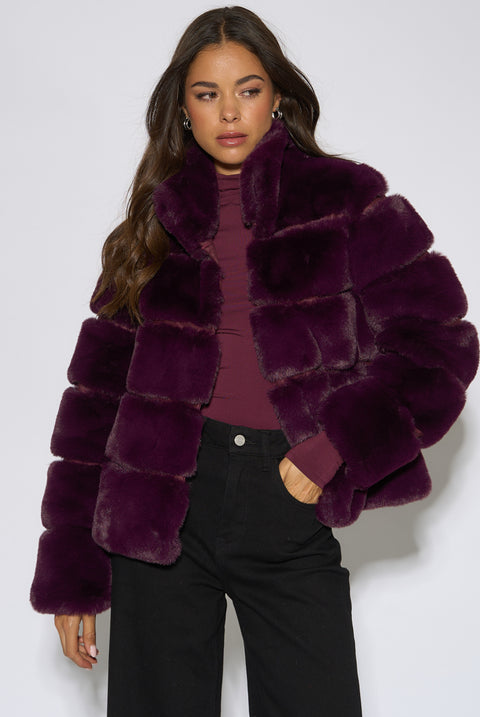 Plum Panelled Funnel Neck Faux Fur Jacket by Gini London