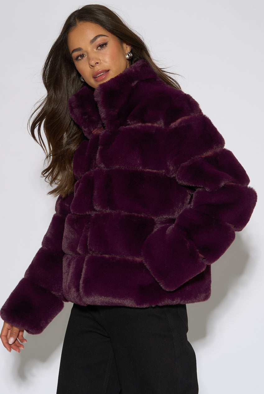 Plum Panelled Funnel Neck Faux Fur Jacket GL2313