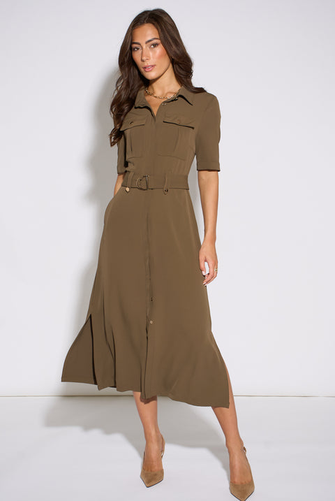 Taupe Gold Hardware Detail Utility Shirt Dress by Gini London