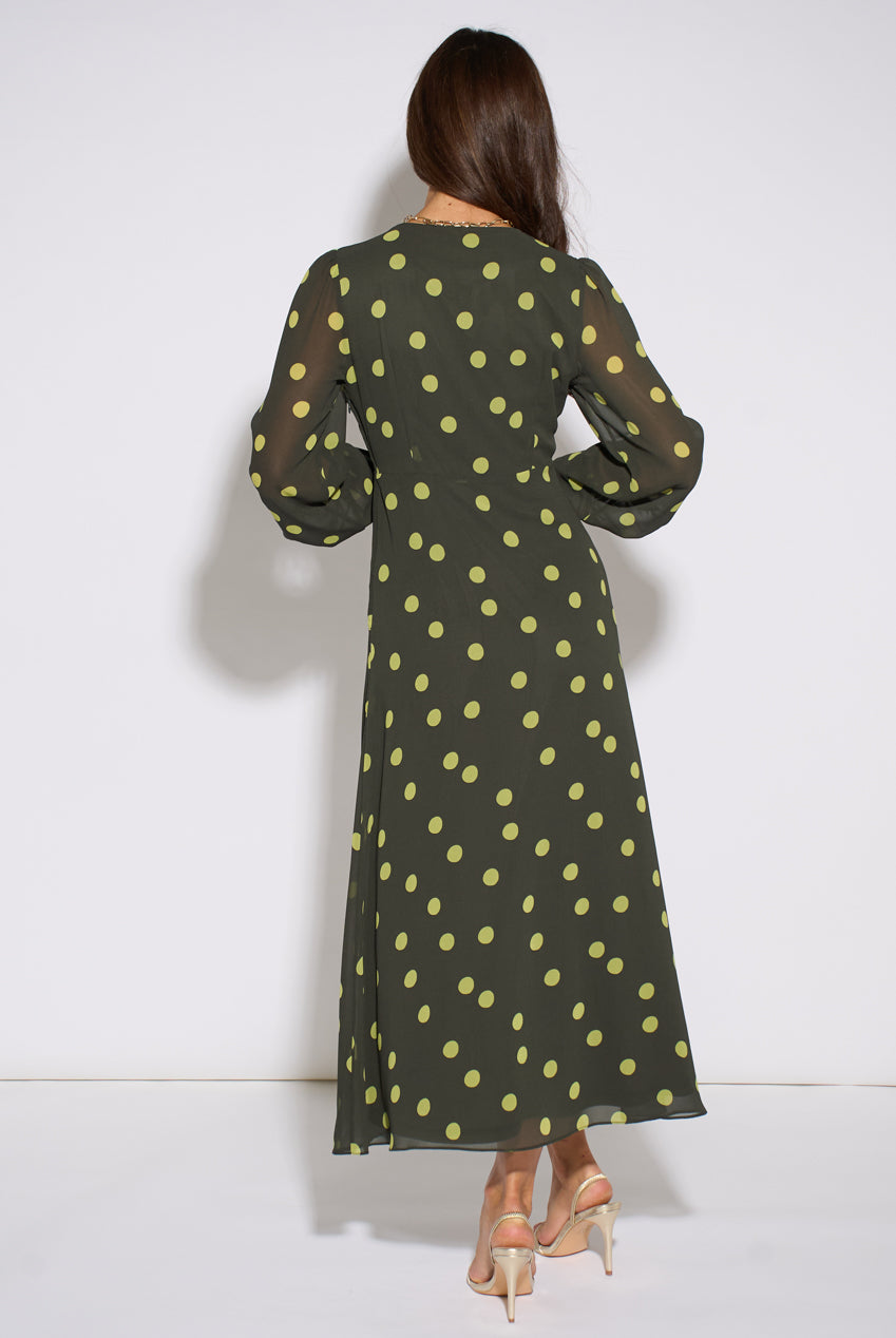 Green Lime Spot V Neck Midi Dress GL2318