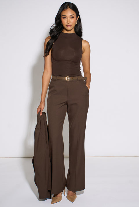 Brown Wide Leg Belted Tailoring Trouser by Gini London