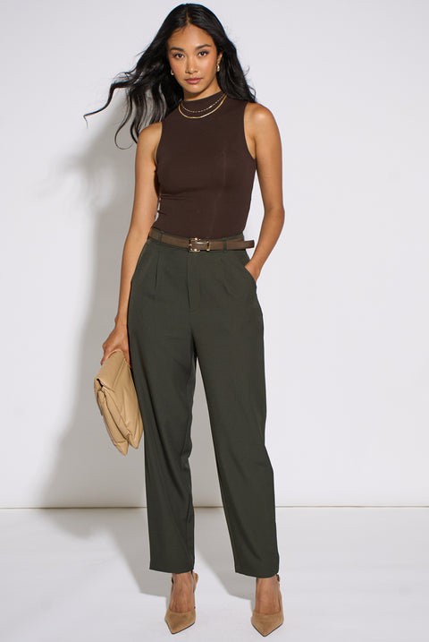Dark Green Tapered Belted Trouser by Gini London