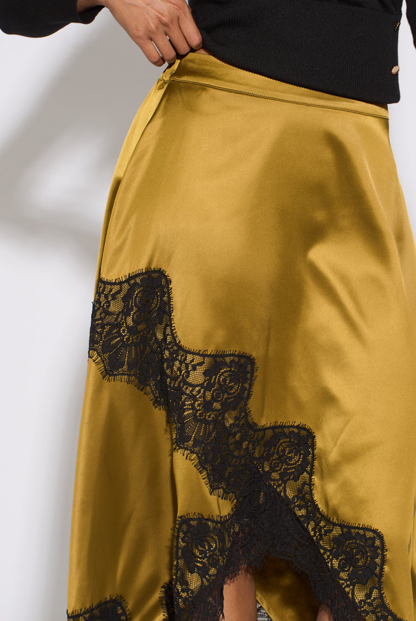 Khaki Satin Asymmetric Hem Contrast Lace Skirt GL2323