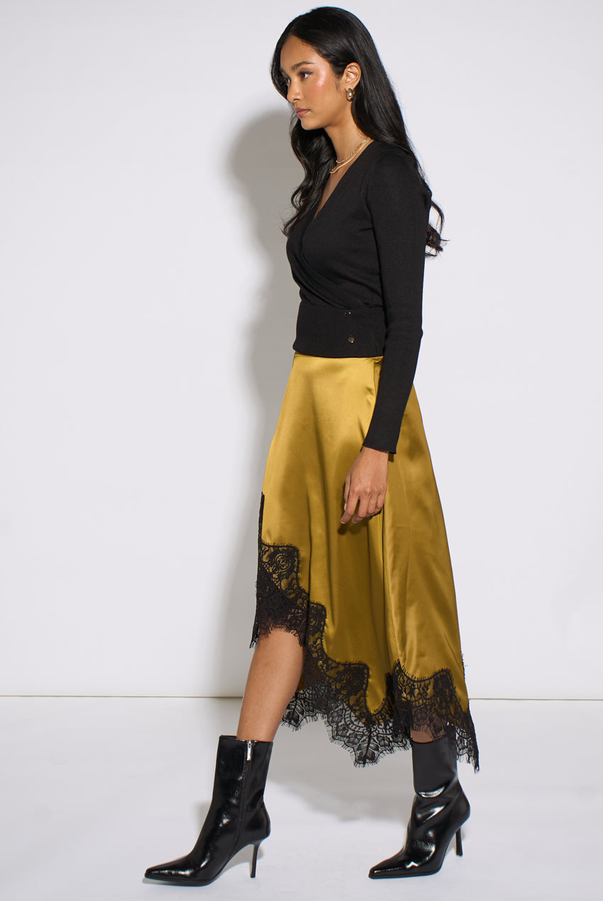 Khaki Satin Asymmetric Hem Contrast Lace Skirt GL2323