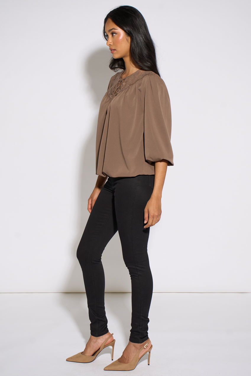 Mocha Lace Trim Bubble Hem Blouse GL2329