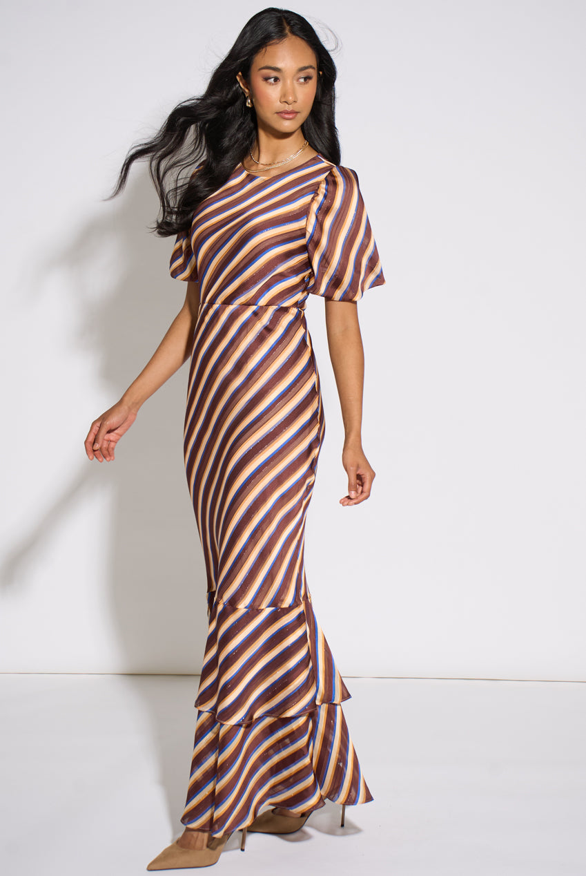 Brown Stripe Sparkle Chiffon Maxi Dress GL2333