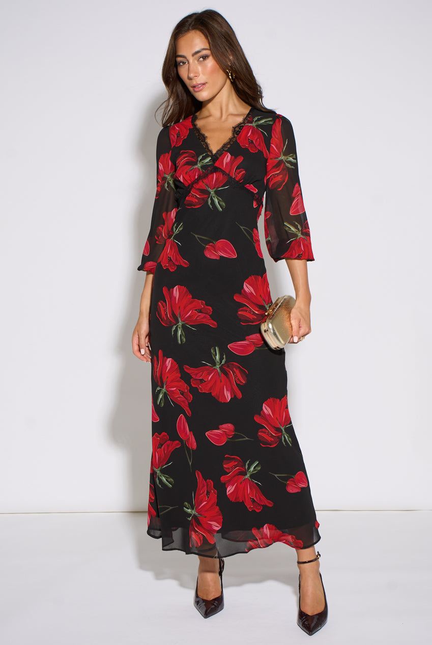 Black Base Red Bloom Lace Trim Midi Dress GL2334