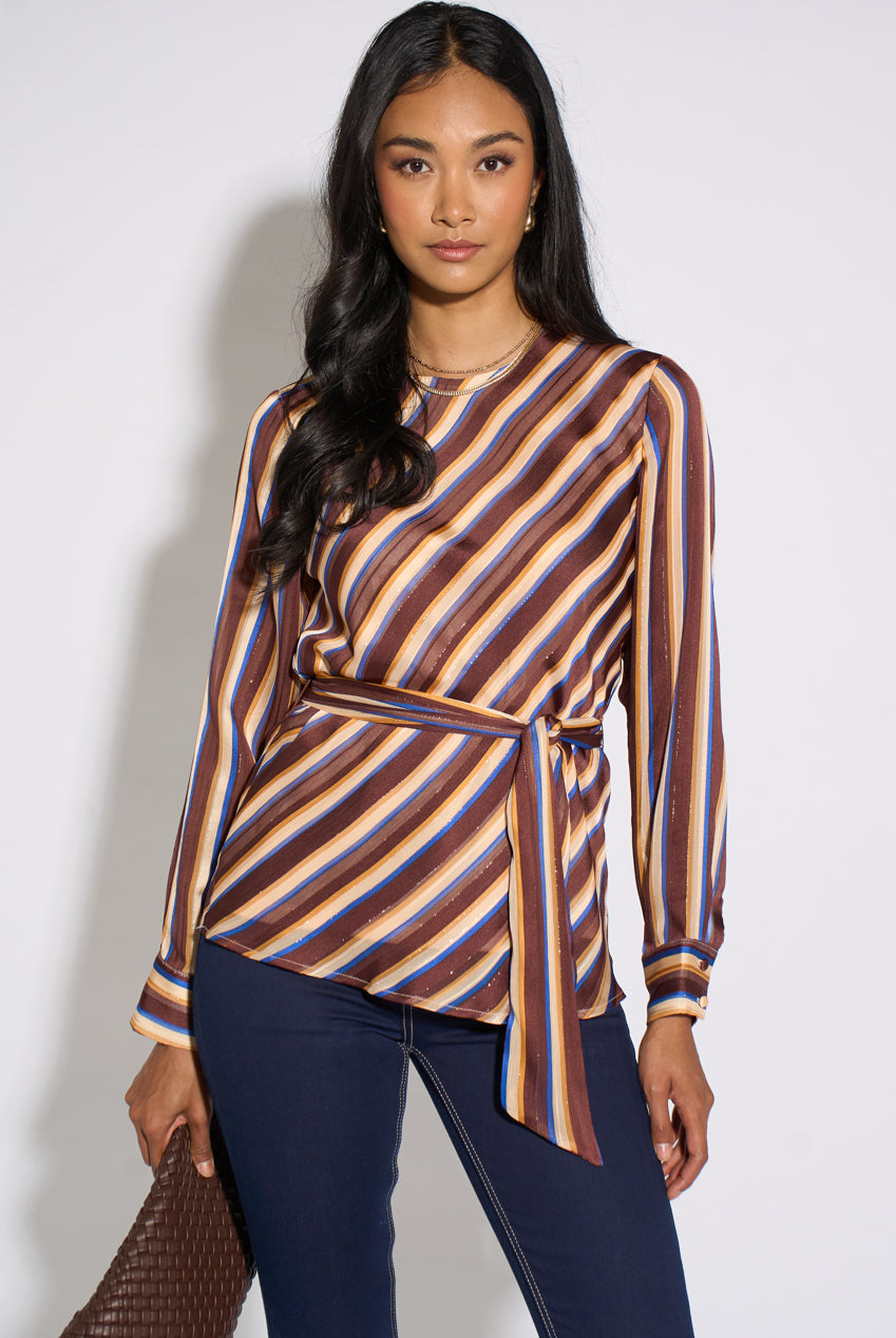 Brown Diagonal Stripe Sparkle Belted Blouse GL2335
