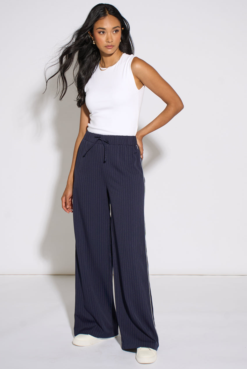 Navy Drawstring Pinstripe Wide Leg Jogger GL2336