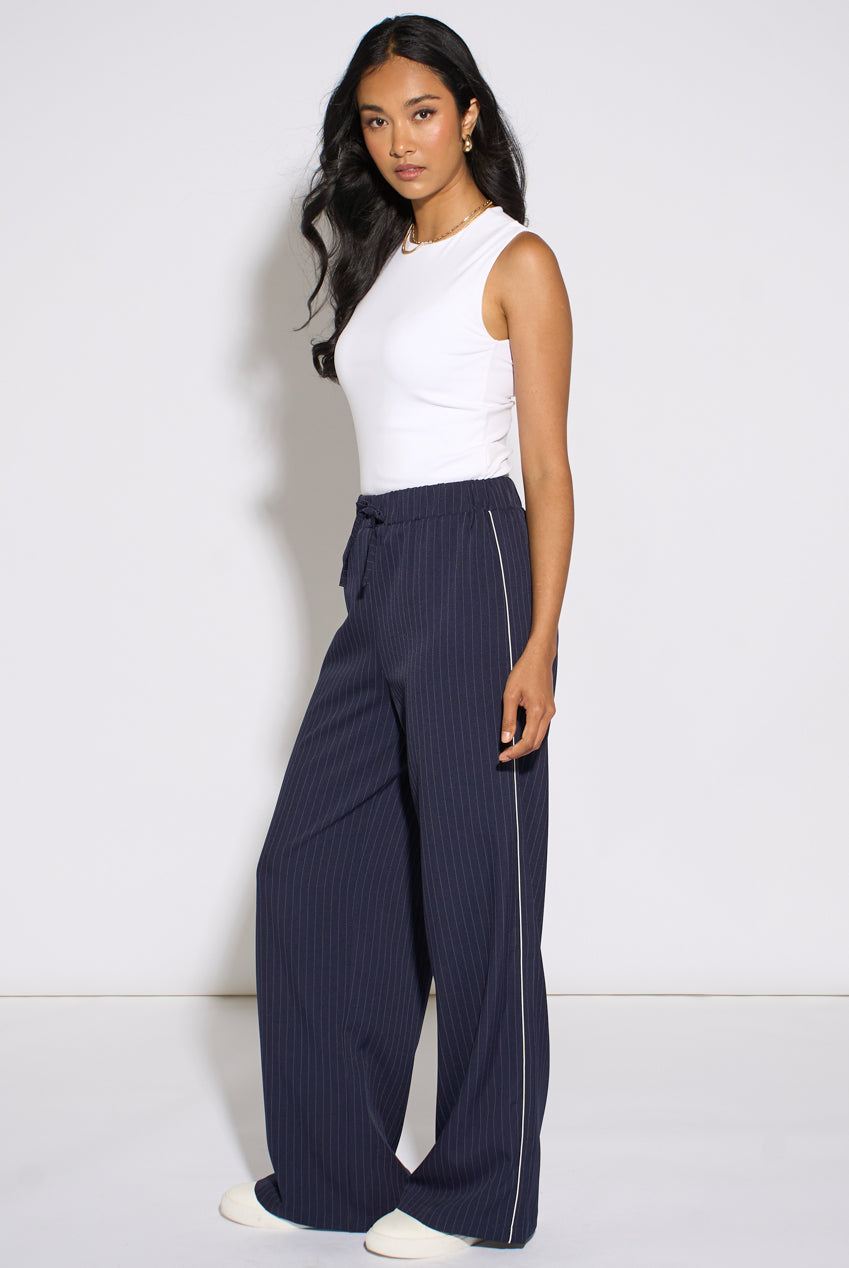 Navy Drawstring Pinstripe Wide Leg Jogger GL2336
