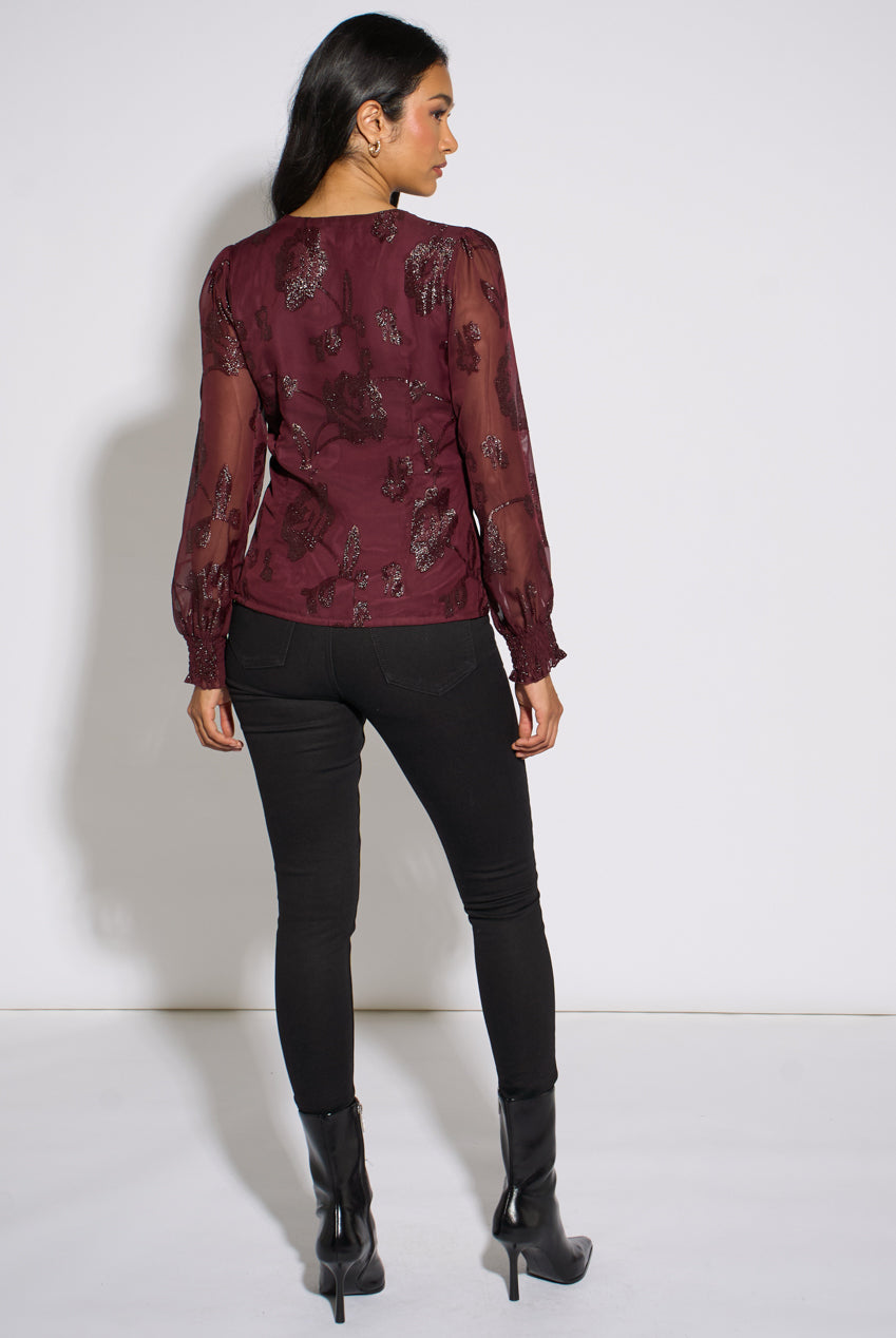 Plum Floral Sparkle Jacquard Blouse GL2340