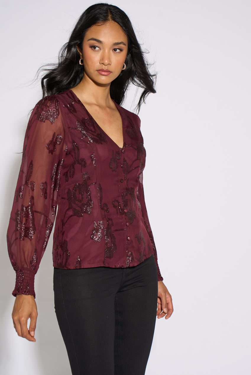 Plum Floral Sparkle Jacquard Blouse GL2340