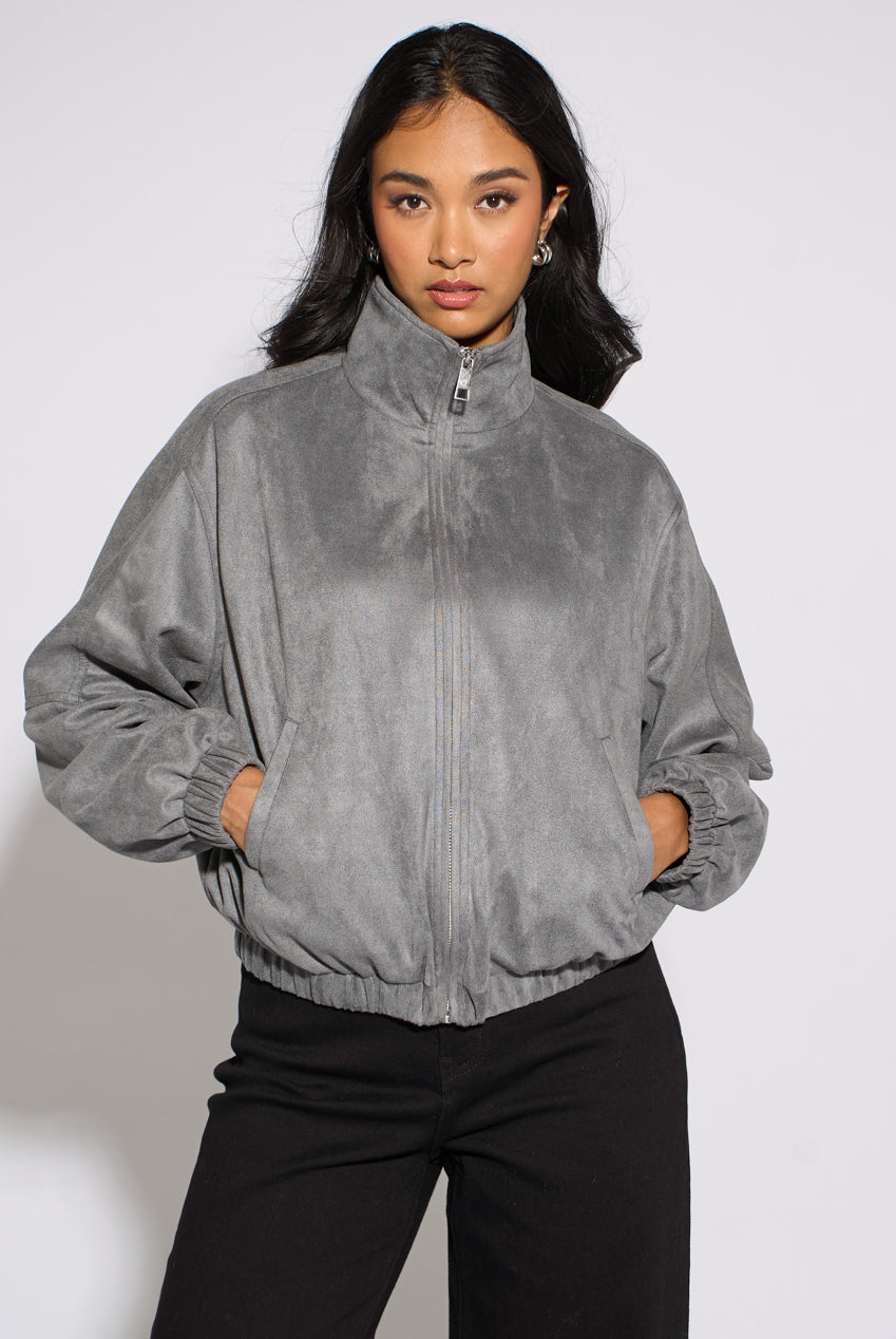 Grey Faux Suede Funnel Neck Bomber Jacket GL2348