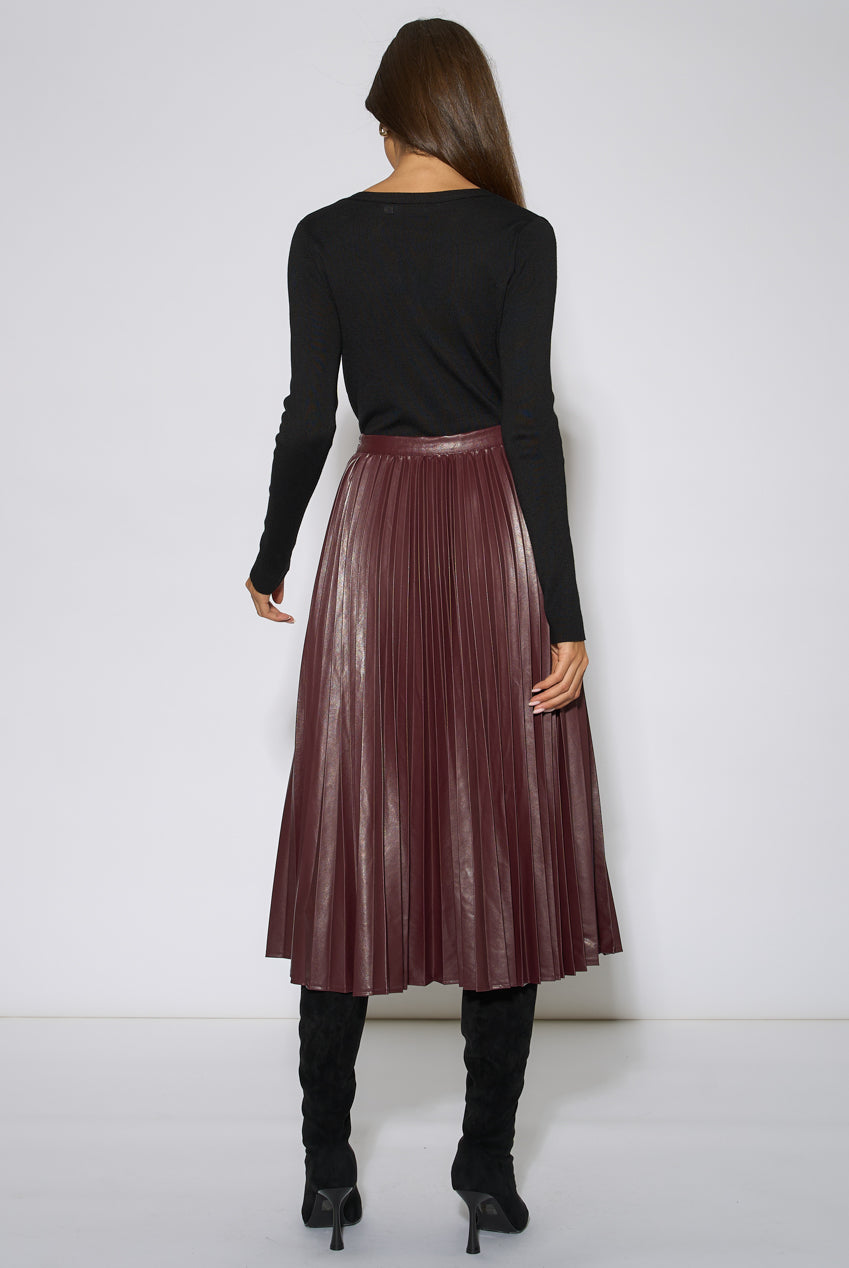 Burgundy Pleated Faux Leather Midi Skirt GL2349