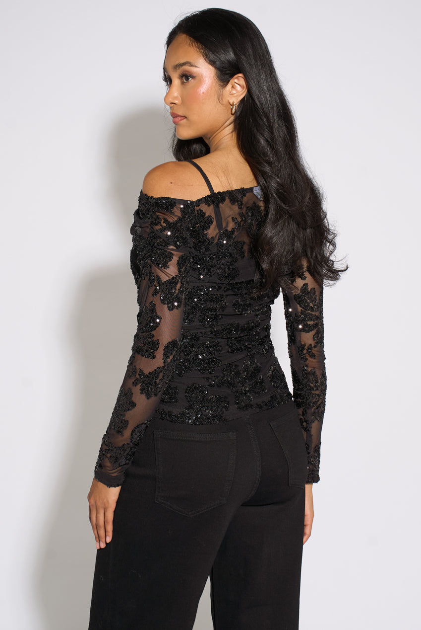 Black Floral Sequin Asymmetric Top GL2351