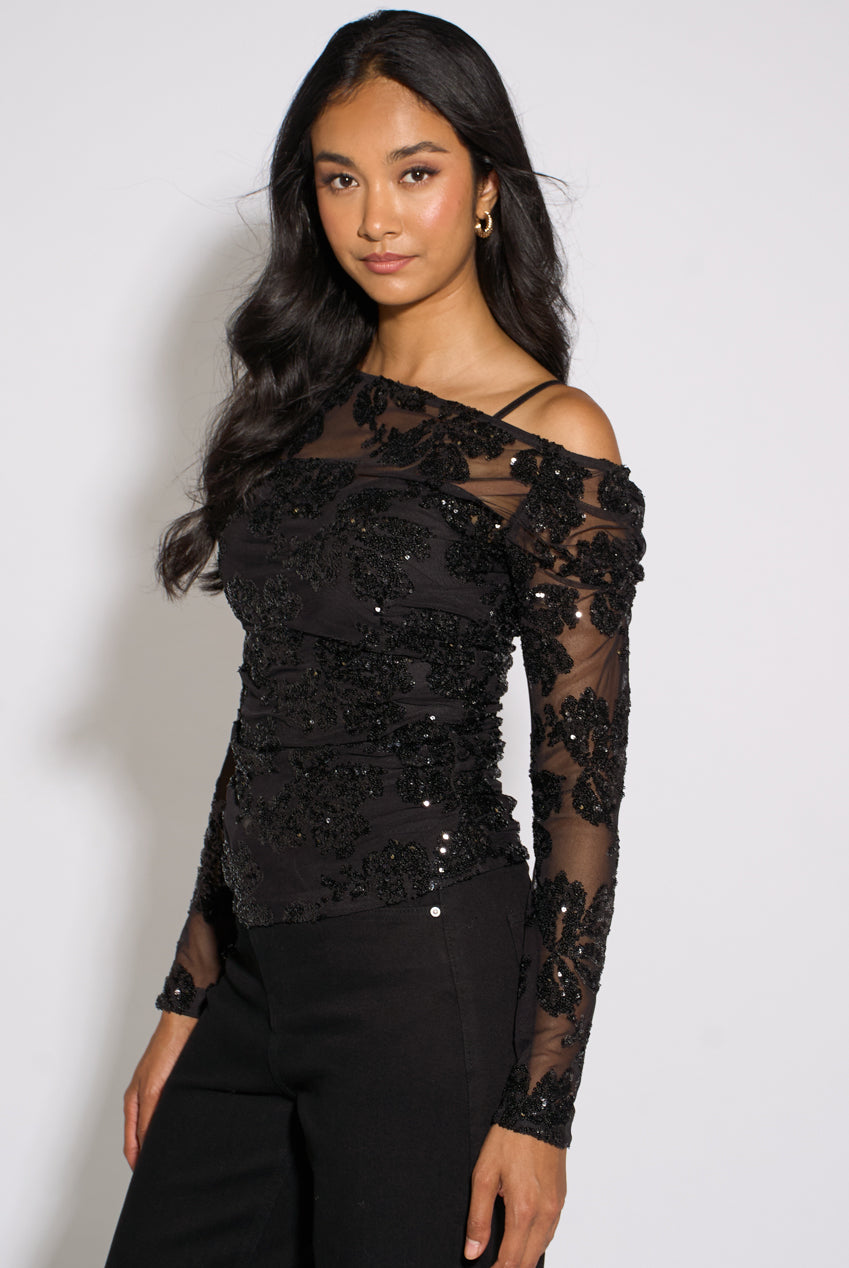 Black Floral Sequin Asymmetric Top GL2351
