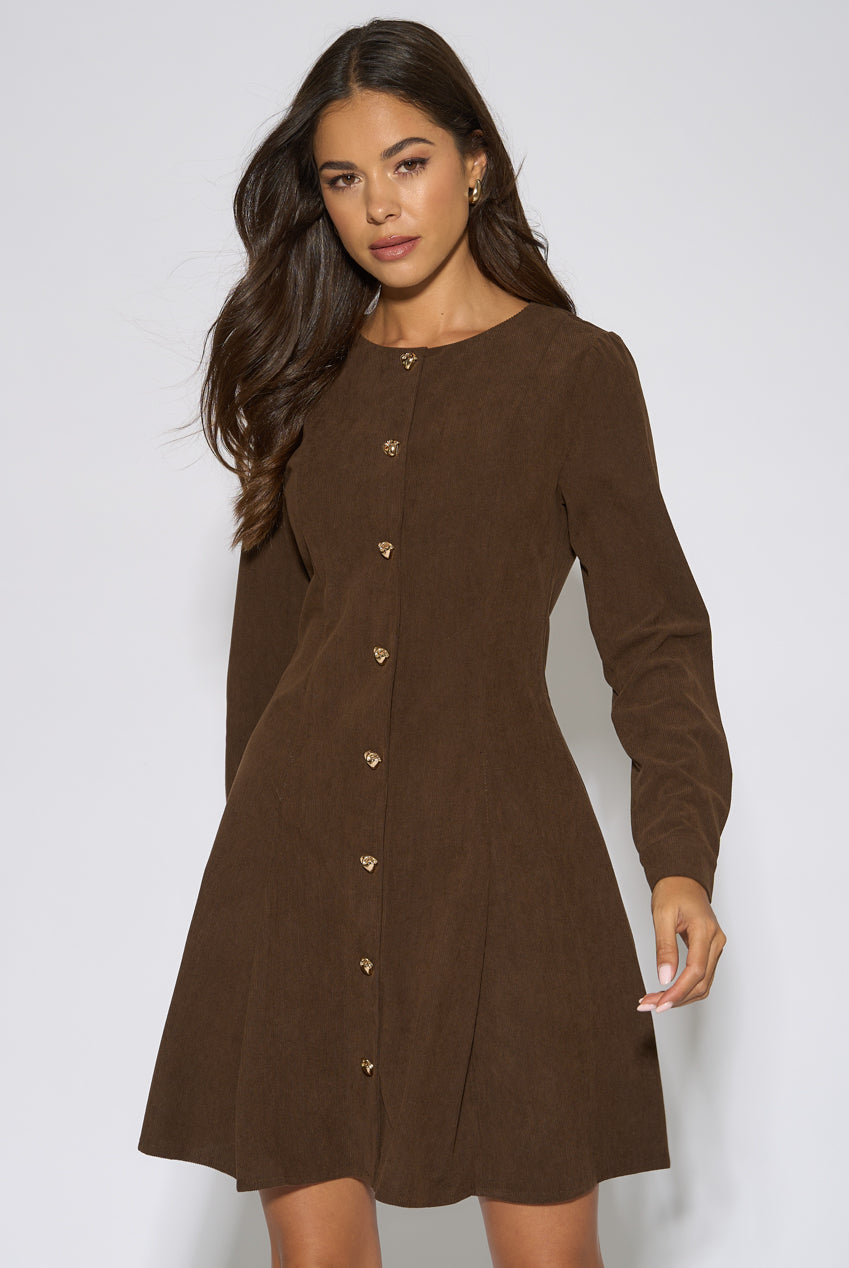 Dark Brown Gold Button Cord Mini Dress GL2355