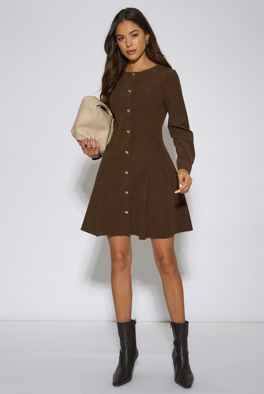 Dark Brown Gold Button Cord Mini Dress GL2355