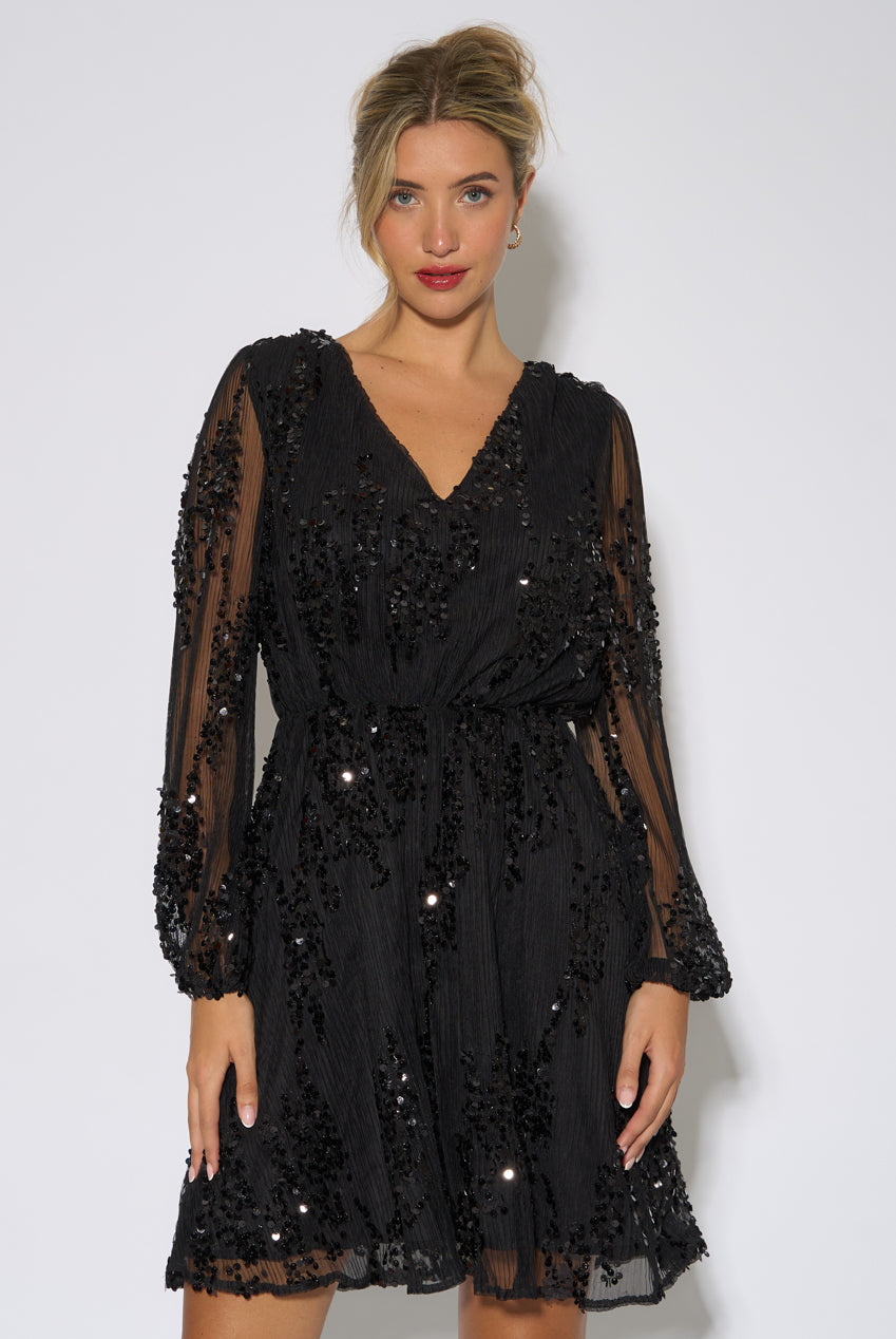 Black Sequin Floral V Neck Mini Dress GL2363