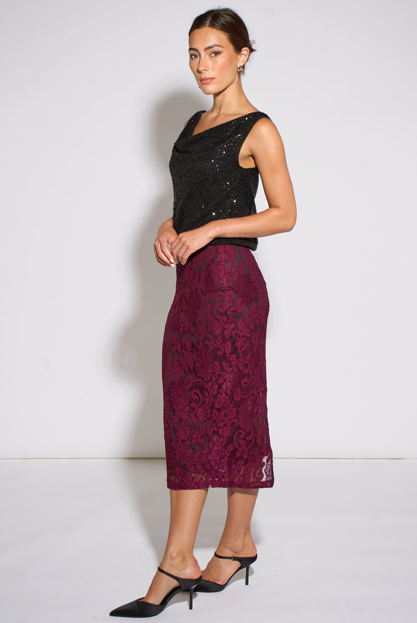 Plum Corded Lace Pencil Midi Skirt GL2367