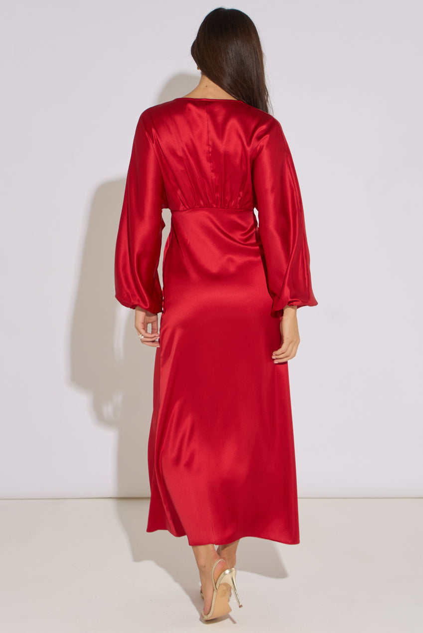 Red V Neck Batwing Blouson Sleeves Satin Midaxi Dress GL2371