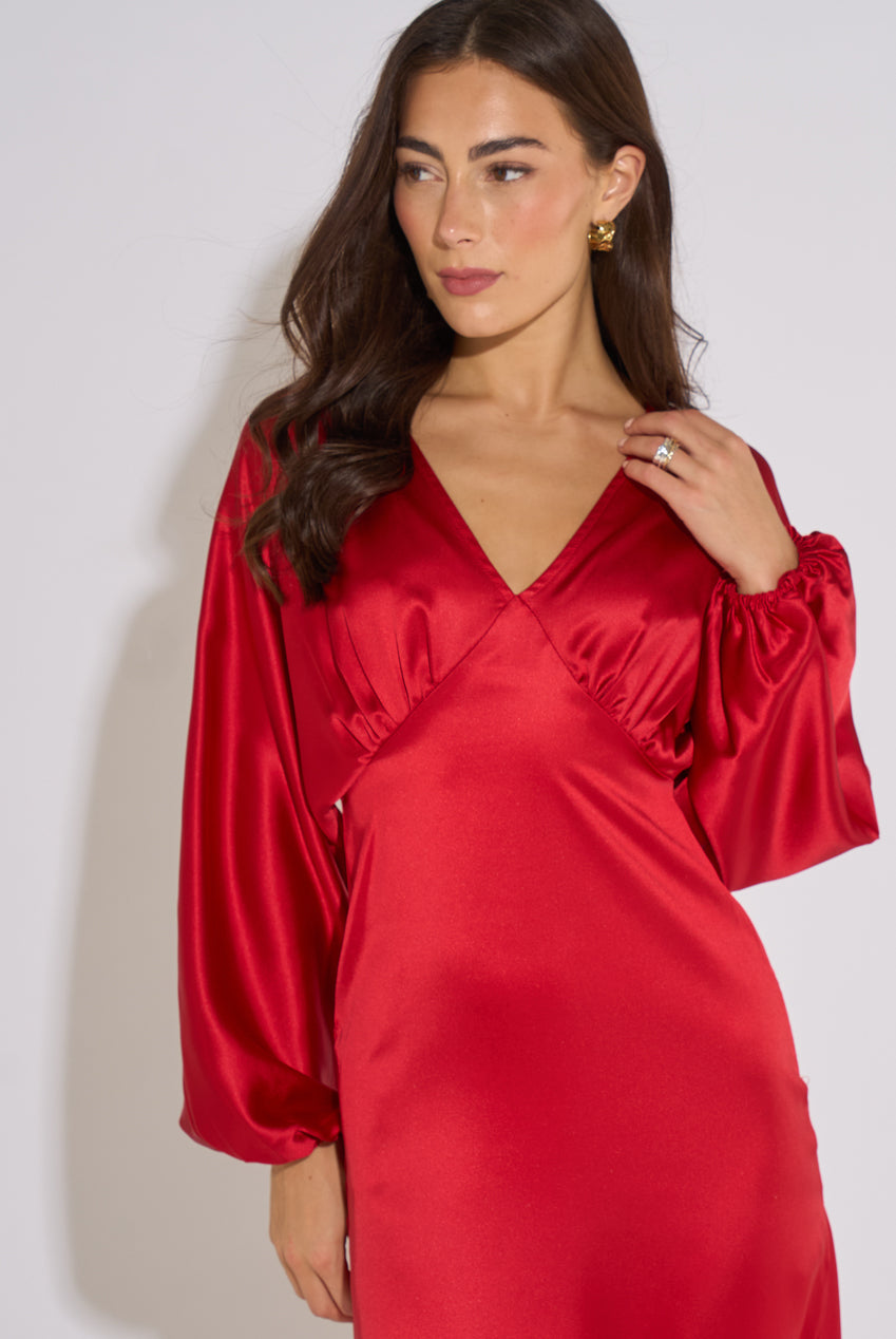 Red V Neck Batwing Blouson Sleeves Satin Midaxi Dress GL2371