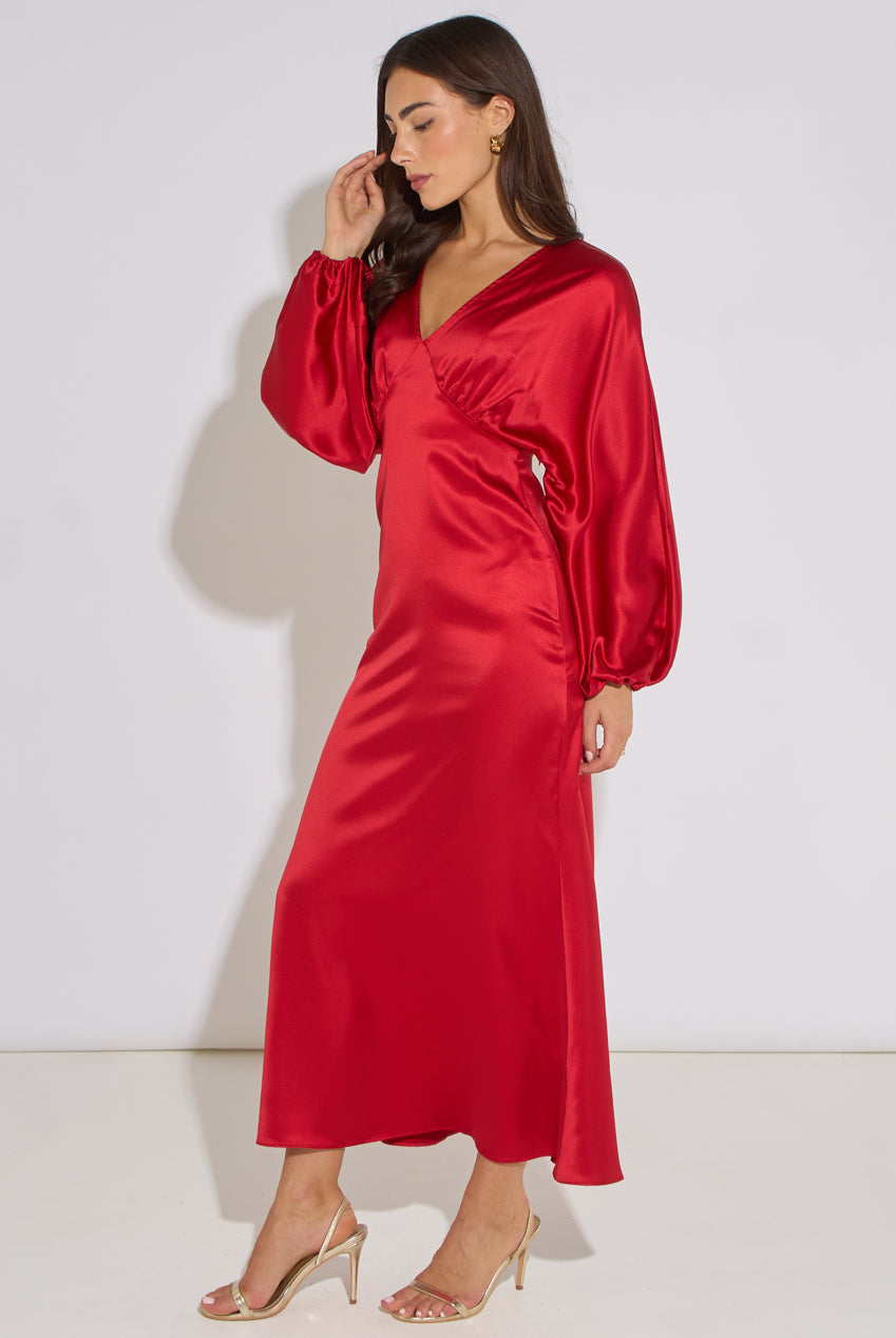 Red V Neck Batwing Blouson Sleeves Satin Midaxi Dress GL2371