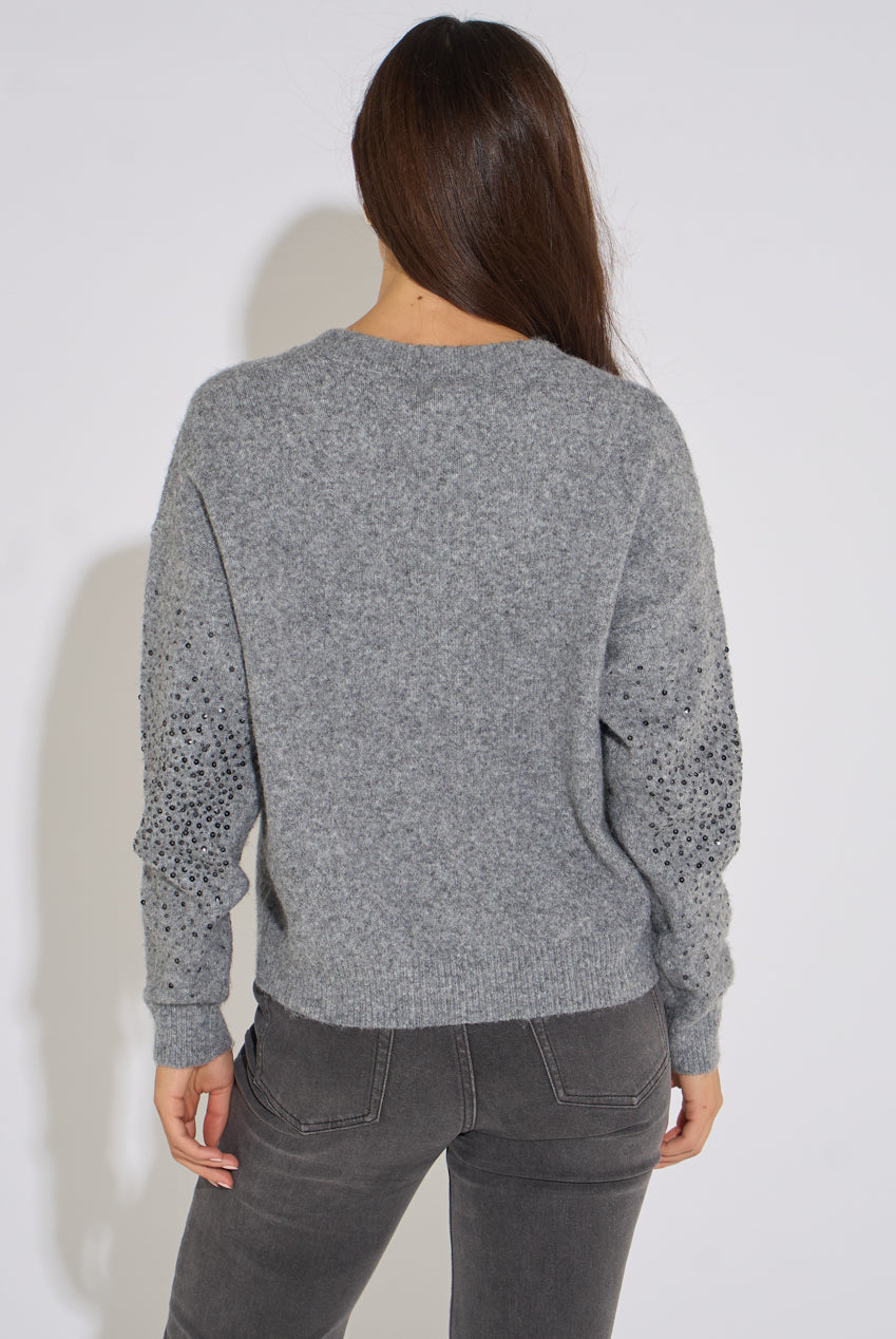 Grey Marl Recycled Polyester Mix Contrast Diamante Knit Jumper GL2378