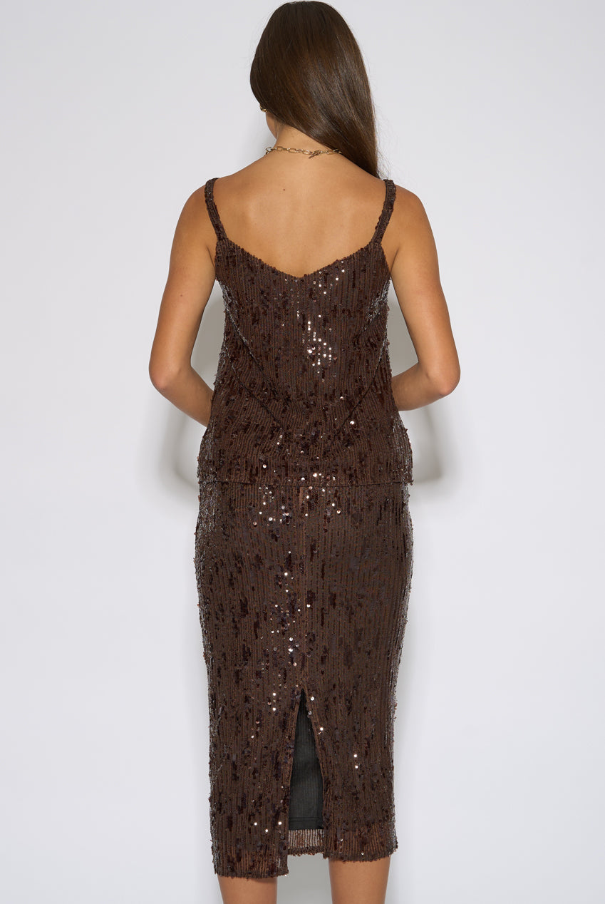 Brown Sequin Pencil Midi Skirt GL2385