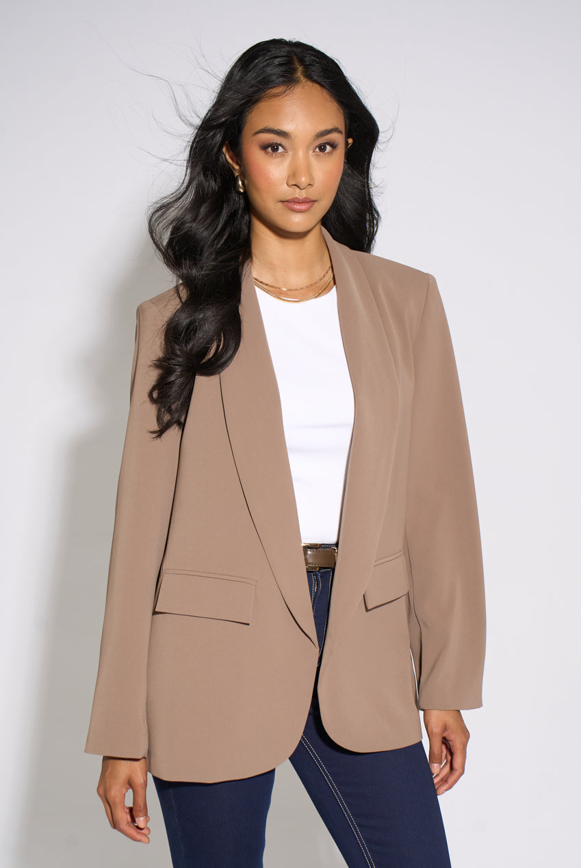 Mocha Contrast Sleeve Edge To Edge Blazer GL2388