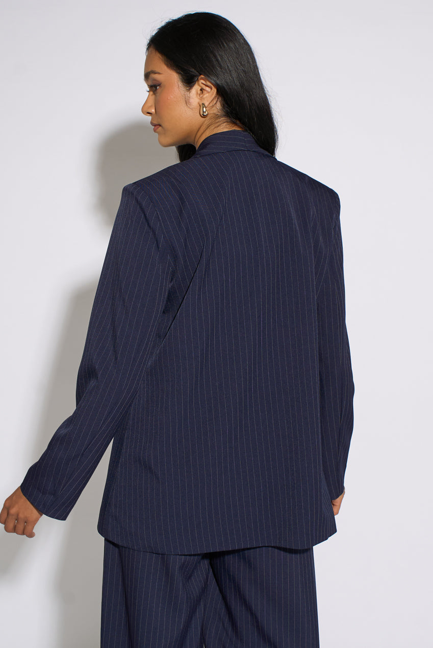 Navy Stripe Contrast Sleeve Edge To Edge Blazer GL2388