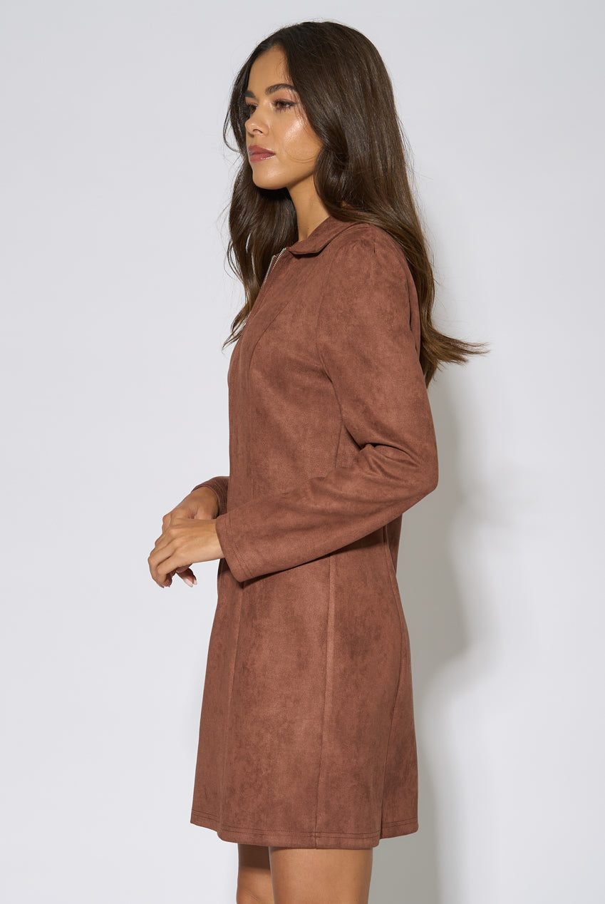 Brown Faux Suede Zip Front Mini Dress GL2390