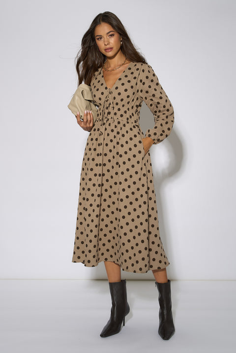 Beige Cotton Spot Skater Midi Dress by Gini London