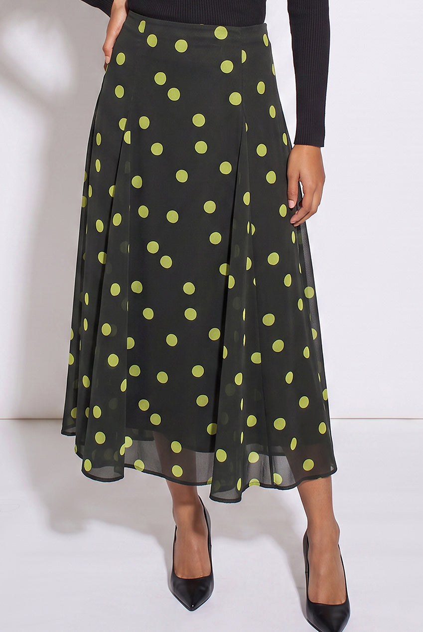 Green Lime Spot Satin Godet Midi Skirt GL2411