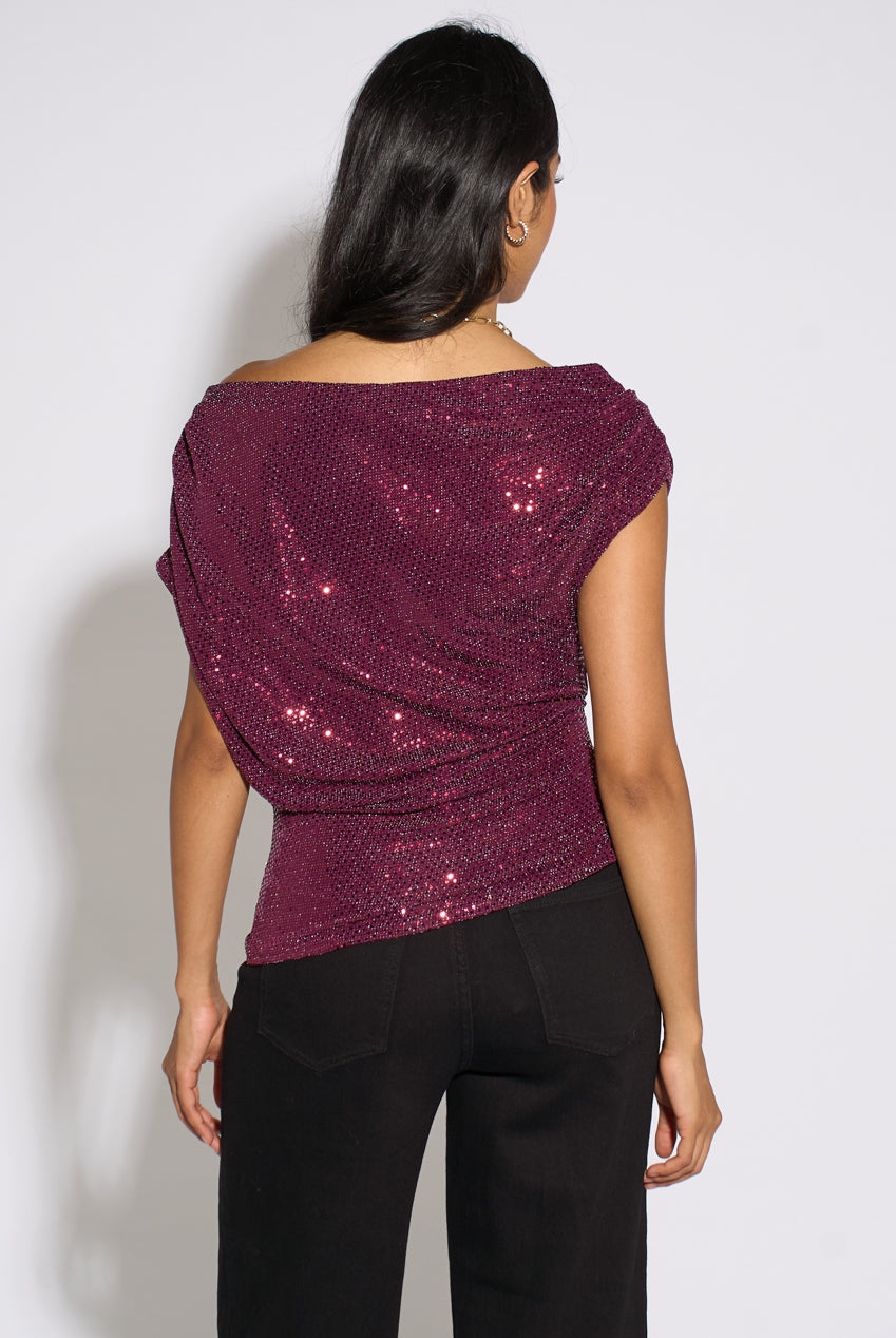 Mulberry Off Shoulder Sparkle Contrast Top GL2414