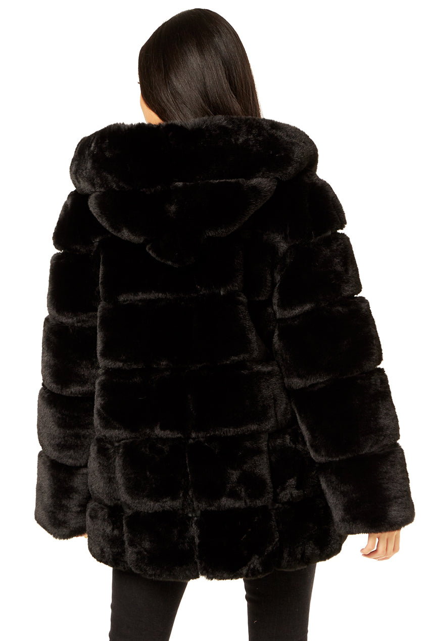 Black Horizontal Cut Fur Hooded Jacket GL340001