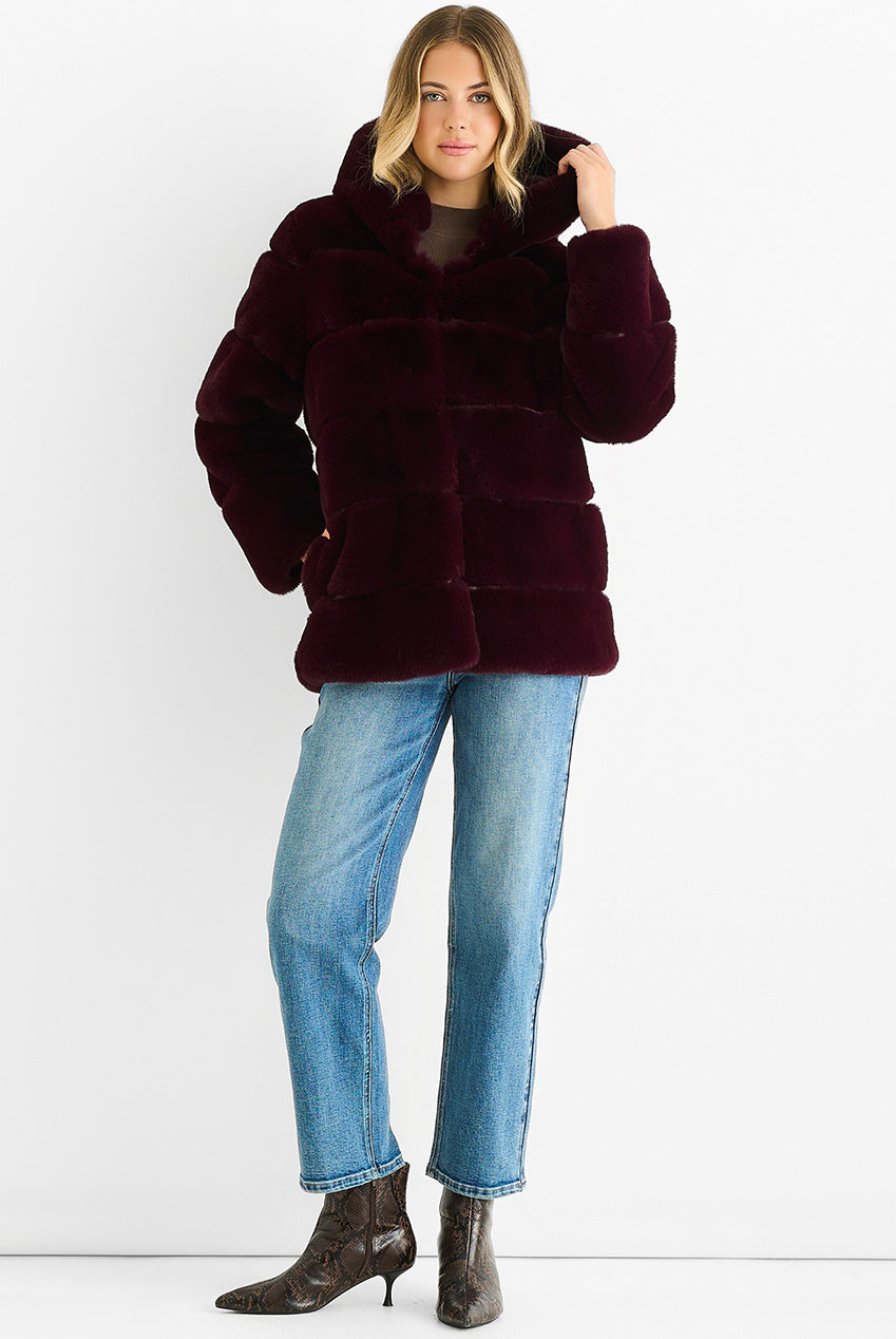 Dark Burgundy Horizontal Cut Fur Hooded Jacket GL340