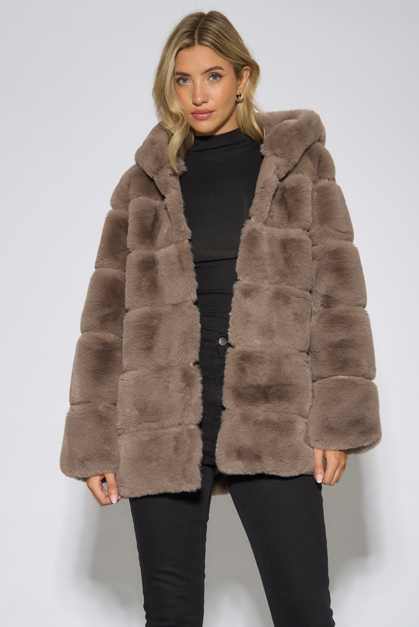 Mocha Horizontal Cut Fur Hooded Jacket GL340