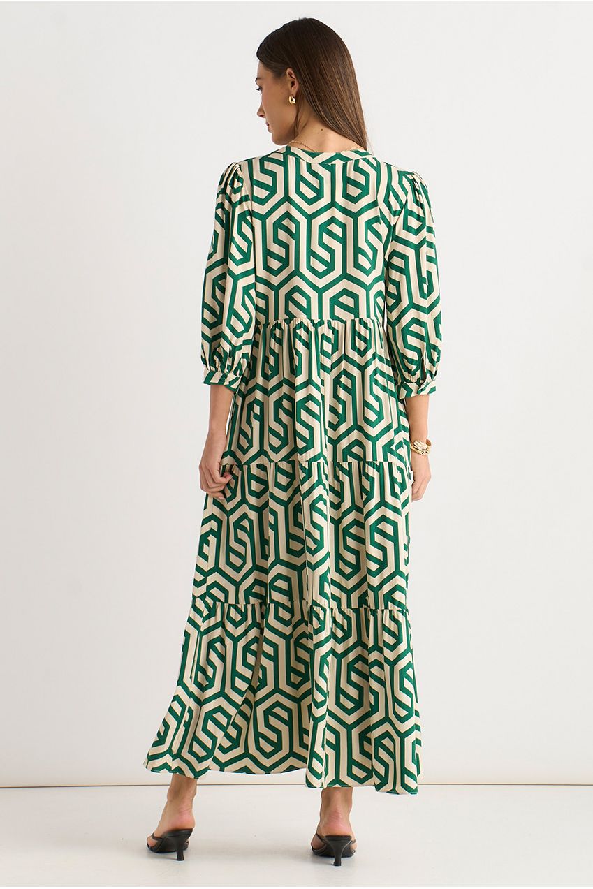 Green Geo Print Smock Midi Dress GL911A005