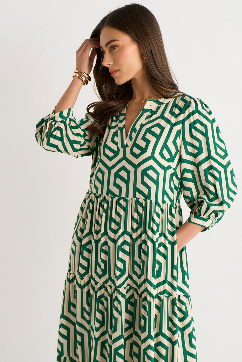 Green Geo Print Smock Midi Dress GL911A005