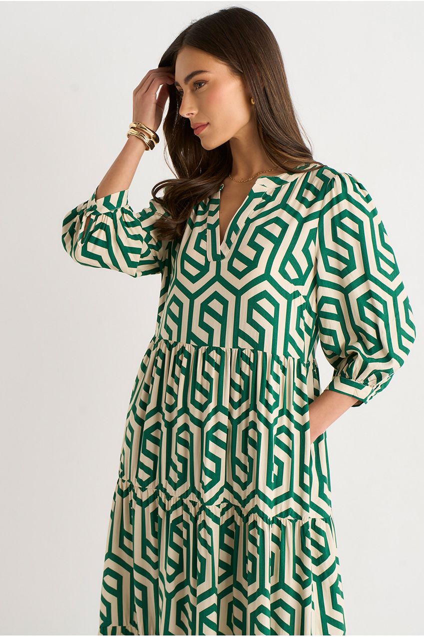 Green Geo Print Smock Midi Dress GL911A005