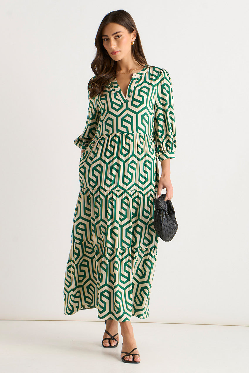 Green Geo Print Smock Midi Dress GL911A005