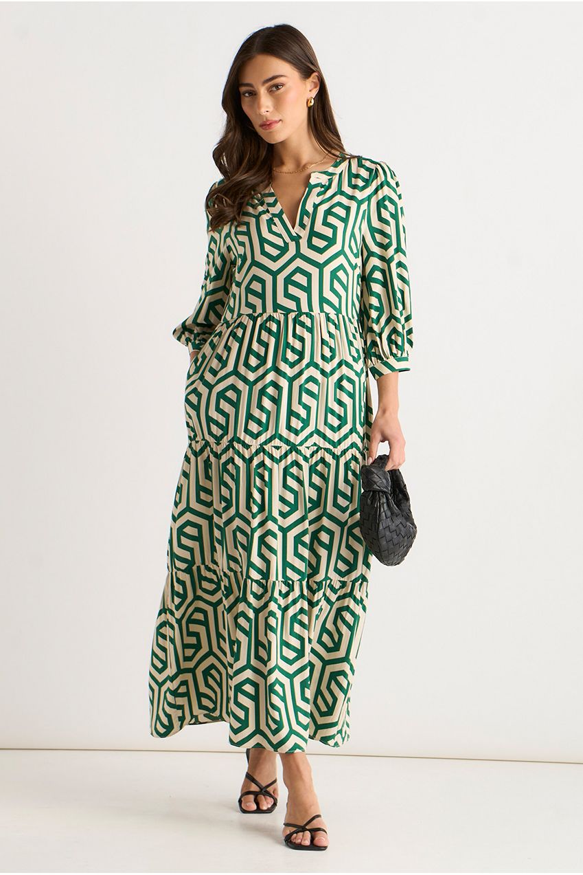 Green Geo Print Smock Midi Dress GL911A005