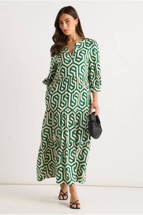 Green Geo Print Smock Midi Dress by Gini London