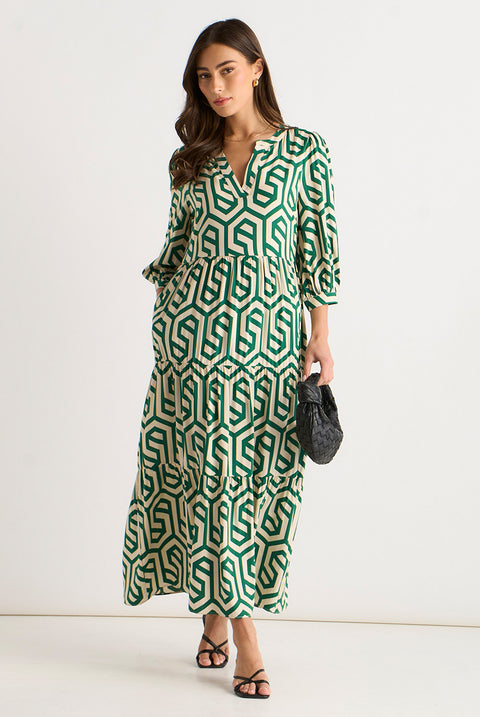 Green Geo Print Smock Midi Dress by Gini London