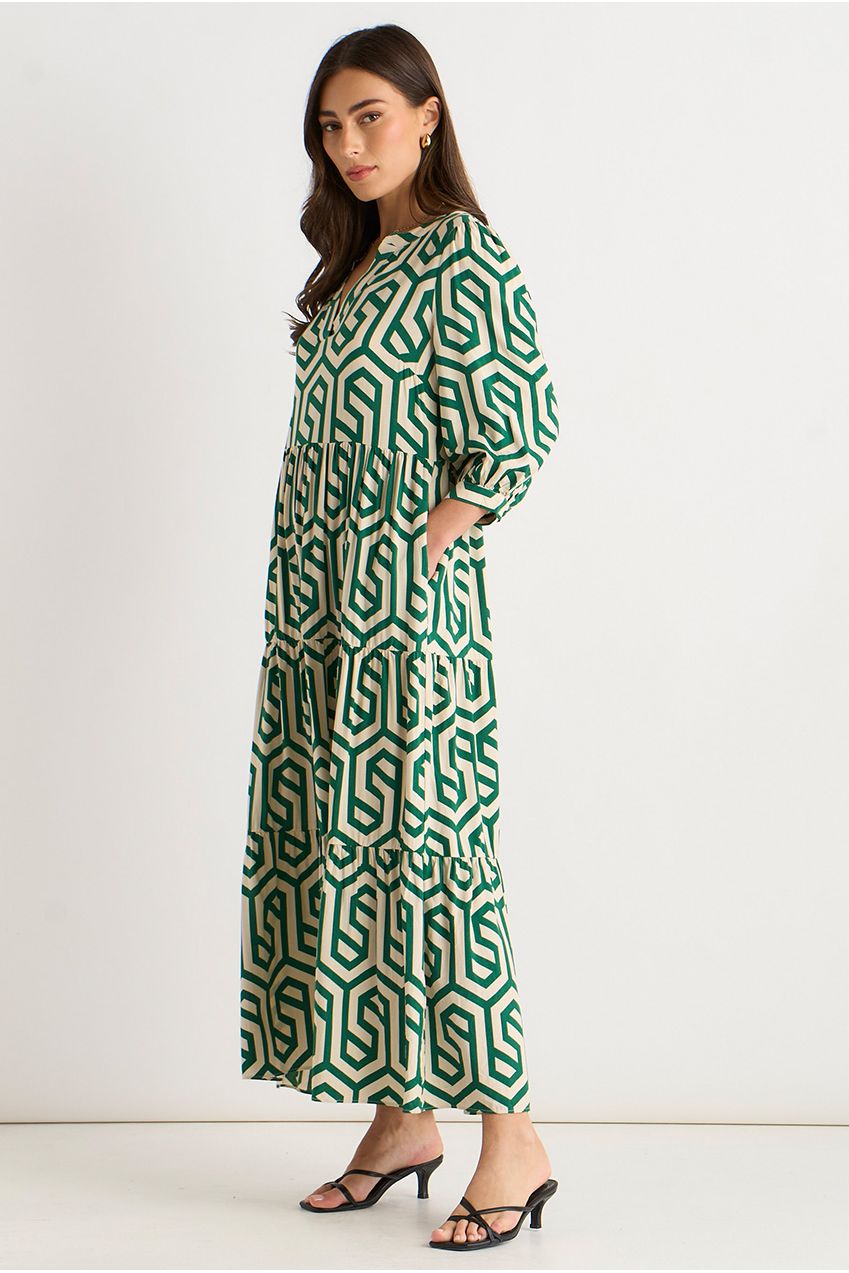 Green Geo Print Smock Midi Dress GL911A005